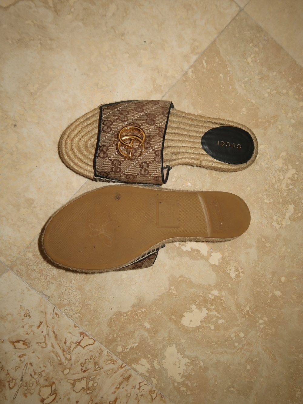 Gucci Beige Brown Monogram Espadrille Slide Sandals with Gold Double G - Picture 2 of 4